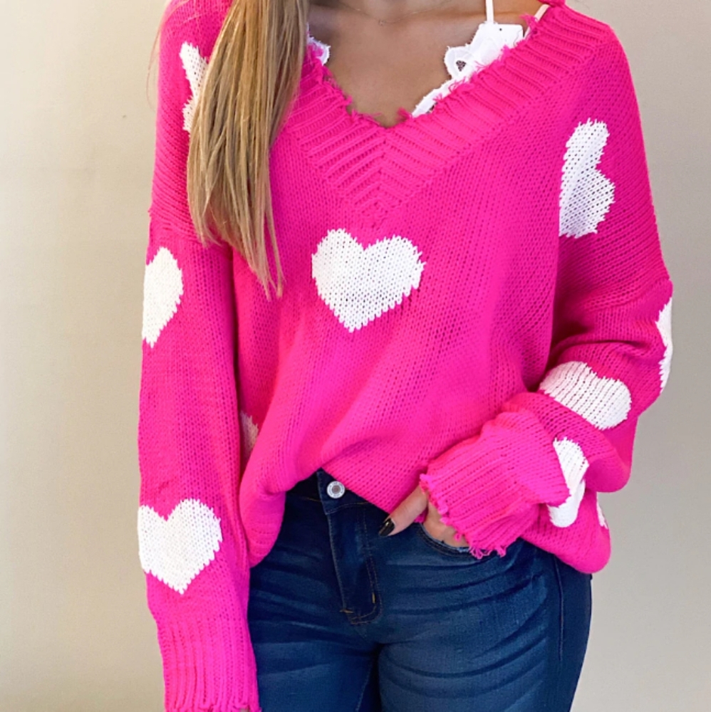 Pink Distressed White Hearts Valentine's Day Sweater 🤍💕